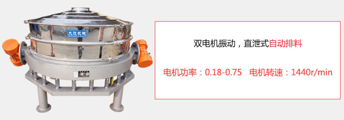 雙電機(jī)振動，直泄式自動排料電機(jī)功率：0.18-0.75   電機(jī)轉(zhuǎn)速：1440r/min。