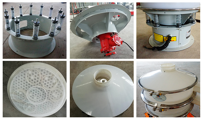 塑料振動篩彈簧底座安裝，振動電機安裝，篩網(wǎng)，防塵蓋等安裝圖片展示